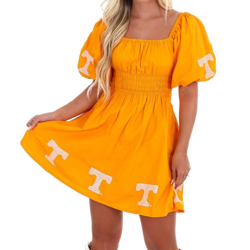 NEW STEWART SIMMONS university of tennessee puff sleeve mini dress in orange - Picture 5 of 10
